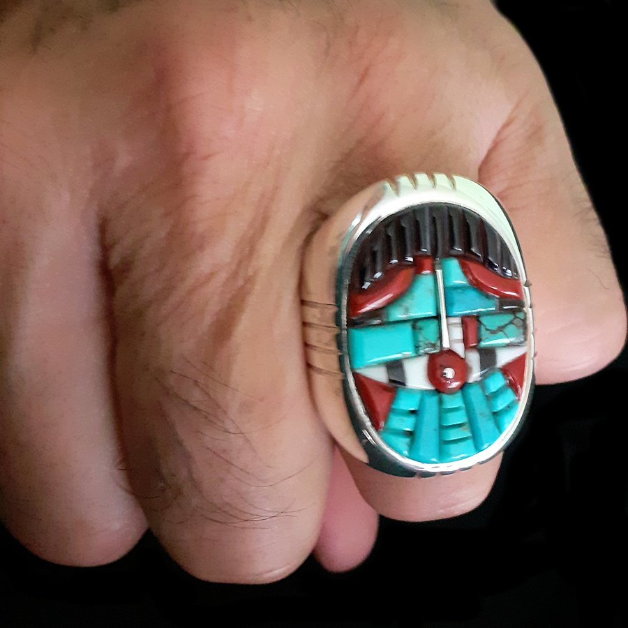 Bague Navajo Thunderbird Overlay en Argent 925, Pour Homme
