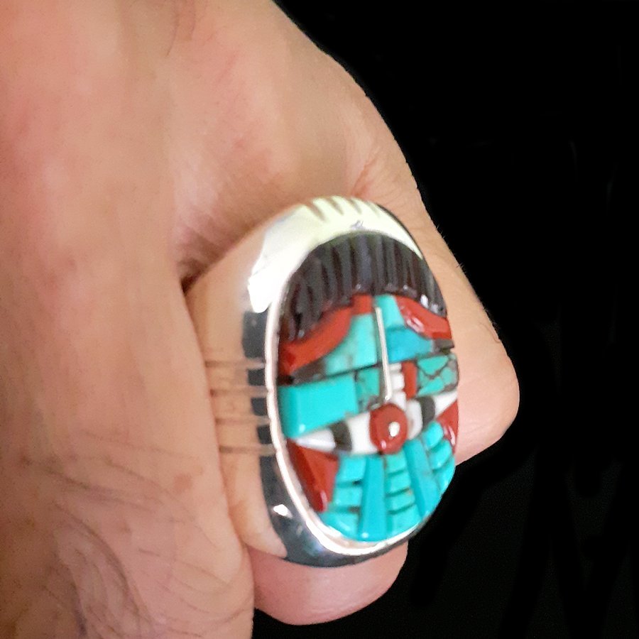 Bague Navajo Thunderbird Overlay en Argent 925, Pour Homme