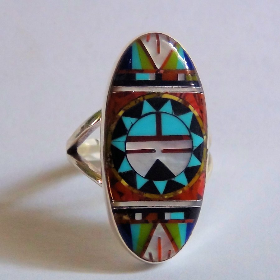 Bague Amerindienne Dieu Soleil Zuni en Argent 925 et Pierres Semi Précieuses