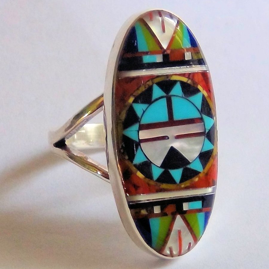Bague Amerindienne Dieu Soleil Zuni en Argent 925 et Pierres Semi Précieuses