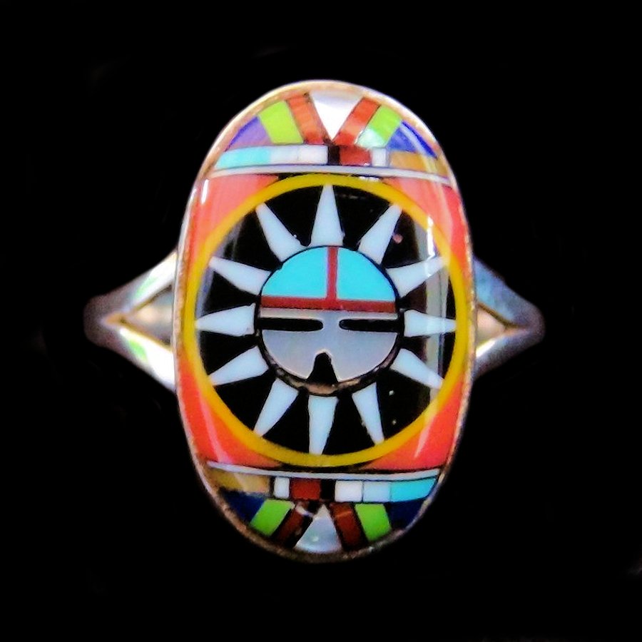 Bague Amerindienne Dieu Soleil Zuni en Argent 925 et Pierres Semi Précieuses Ovale