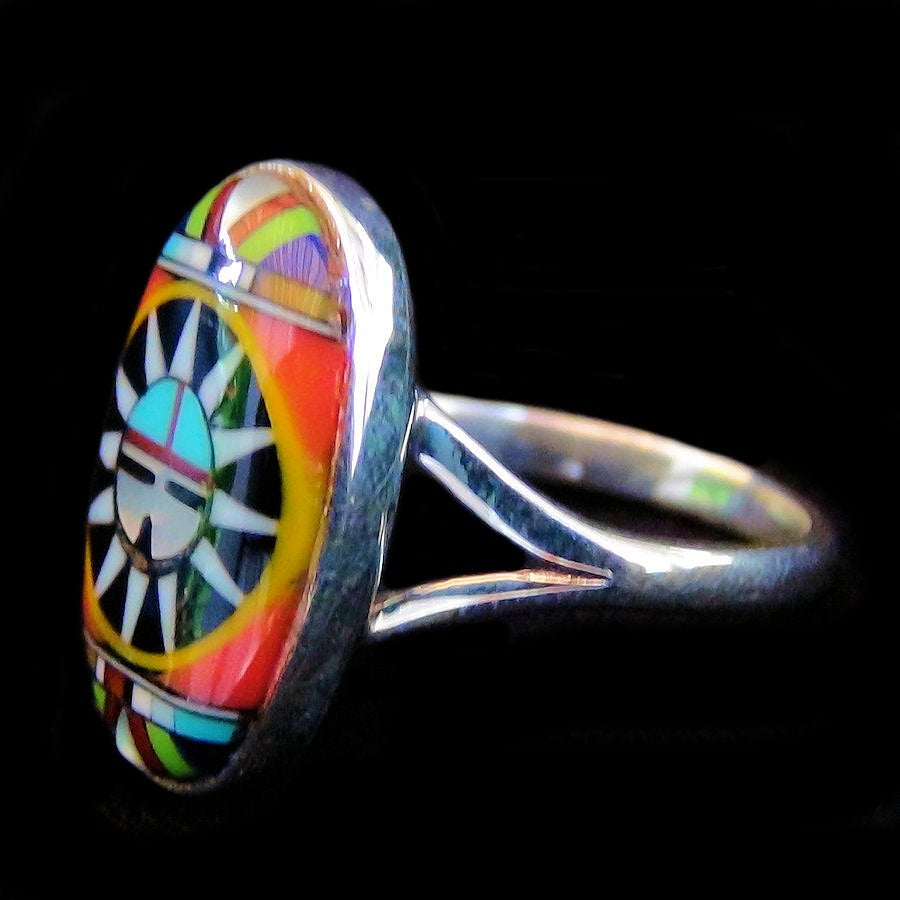 Bague Amerindienne Dieu Soleil Zuni en Argent 925 et Pierres Semi Précieuses Ovale