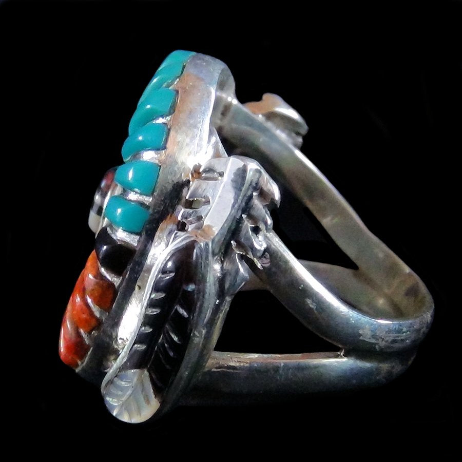 Bague Amerindienne Dieu Soleil Zuni Turquoise Corail