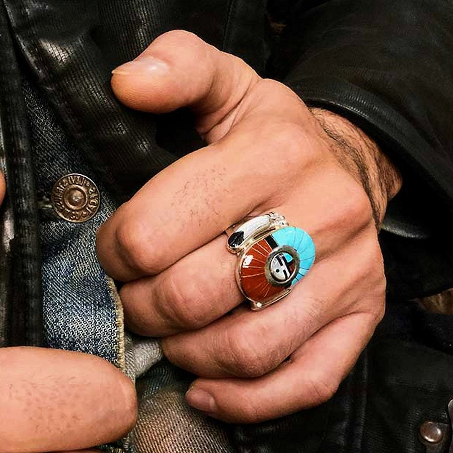 Bague Amerindienne Dieu Soleil Zuni Turquoise Corail