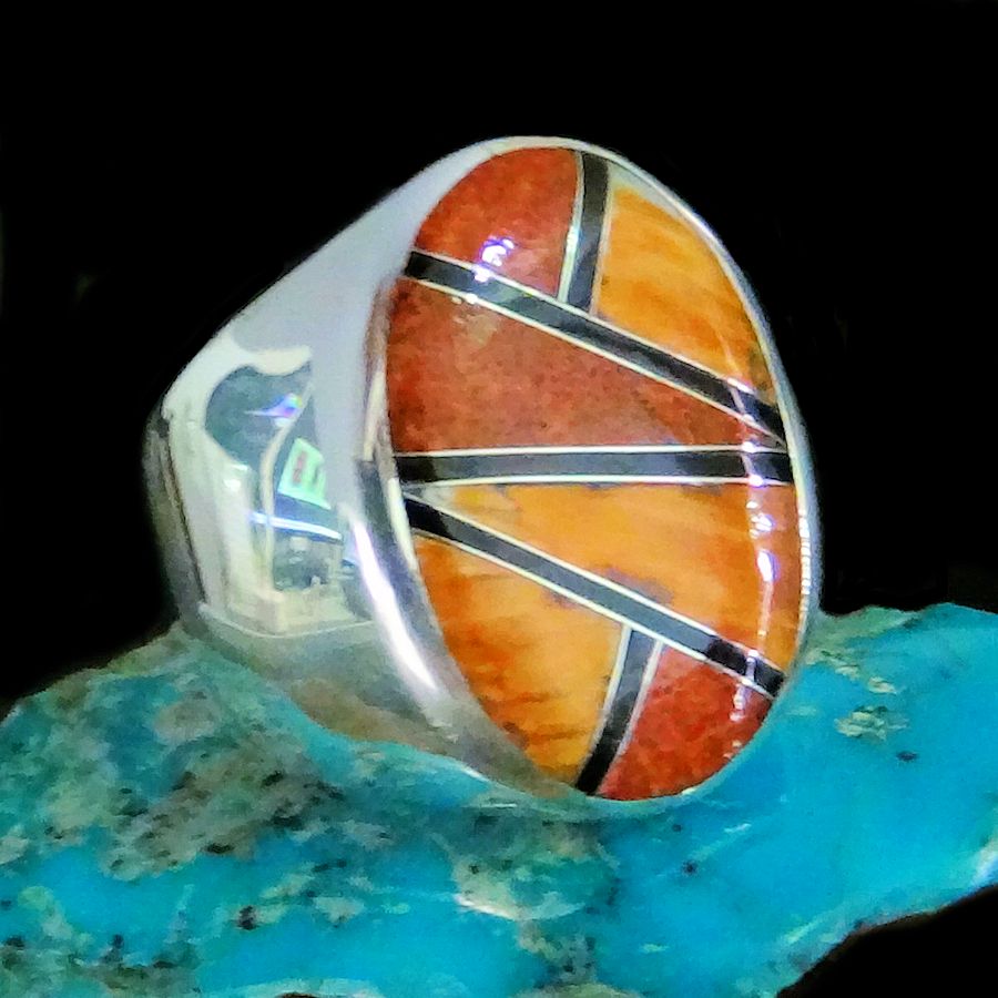 Bague Ovale Zuni, Micro Inlay en Argent 925, Spiny Oyster