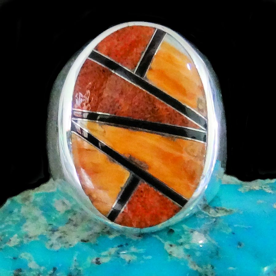 Bague Ovale Zuni, Micro Inlay en Argent 925, Spiny Oyster