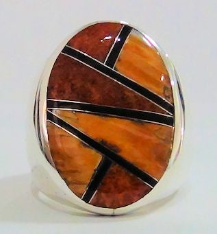 Bague Ovale Zuni, Micro Inlay en Argent 925, Spiny Oyster
