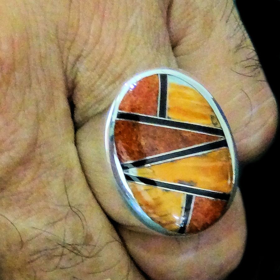 Bague Ovale Zuni, Micro Inlay en Argent 925, Spiny Oyster