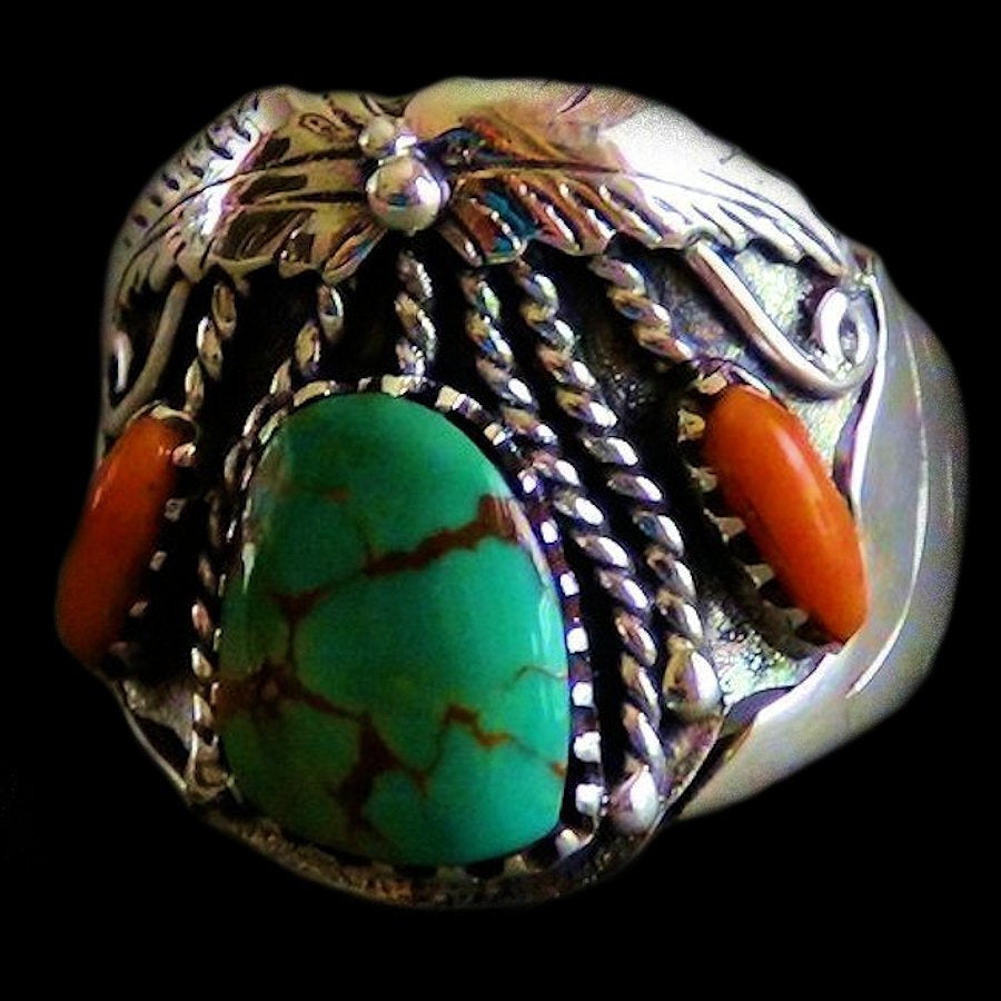 Bague en Argent Navajo, Turquoise et Corail