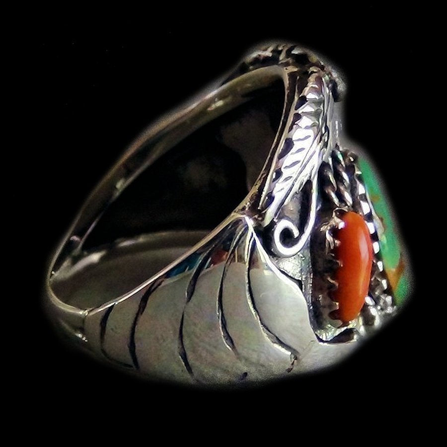 Bague en Argent Navajo, Turquoise et Corail