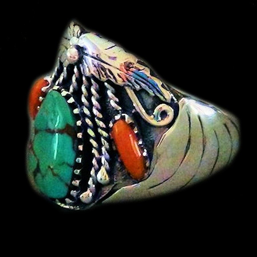 Bague en Argent Navajo, Turquoise et Corail