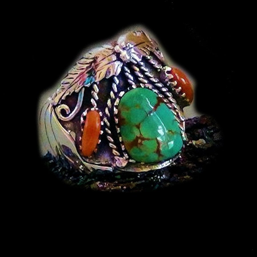 Bague en Argent Navajo, Turquoise et Corail
