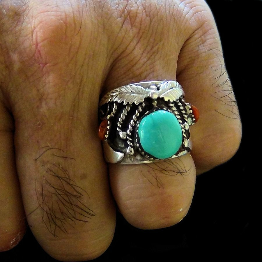 Bague en Argent Navajo, Turquoise et Corail