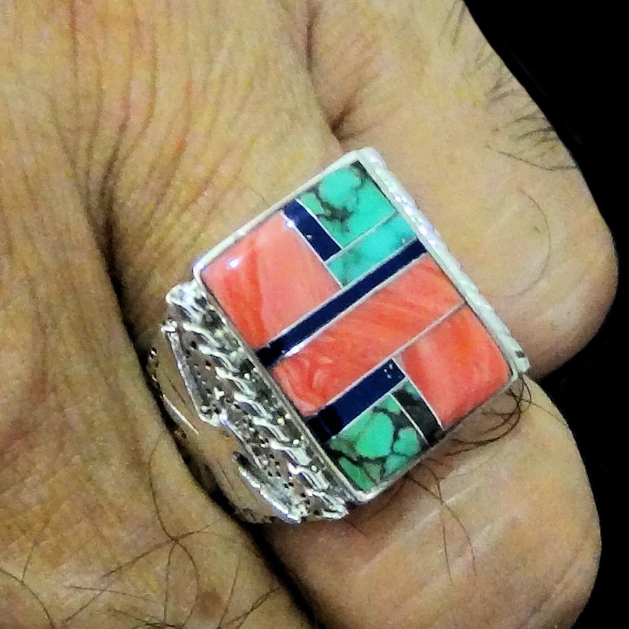 Bague Navajo Turquoise et Coquillage Rose