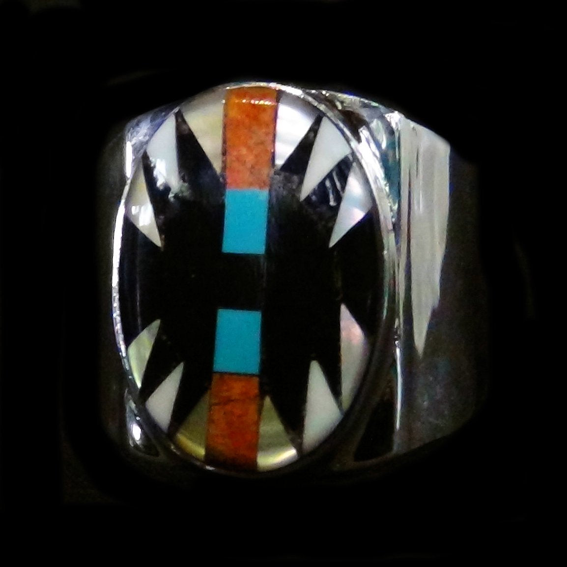 Bague Amérindienne en Argent, Symbole Navajo en Nacre