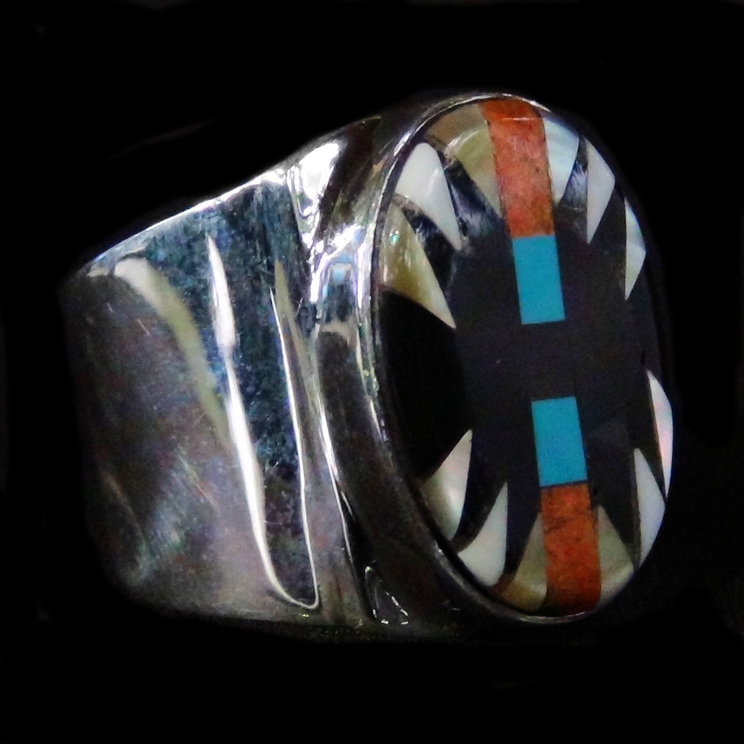 Bague Amérindienne en Argent, Symbole Navajo en Nacre