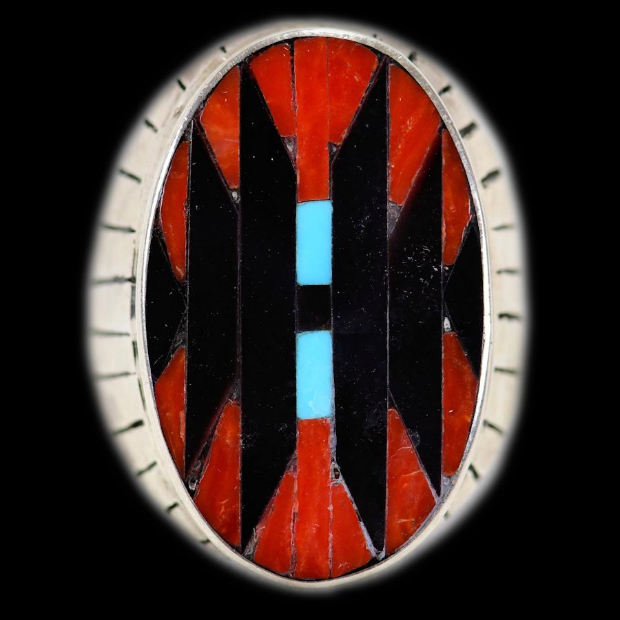 Bague Amérindienne en Argent, Symbole Navajo en Corail, Turquoise et Onyx