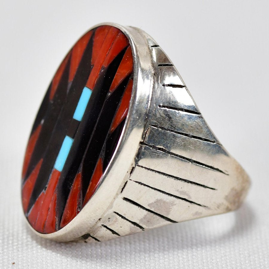 Bague Amérindienne en Argent, Symbole Navajo en Corail, Turquoise et Onyx