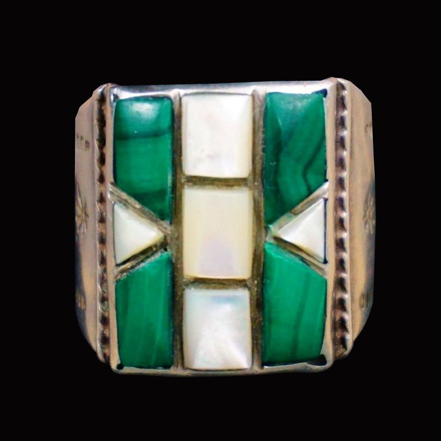 Bague Navajo Rectangulaire Channel Inlay, Turquoise et Nacre