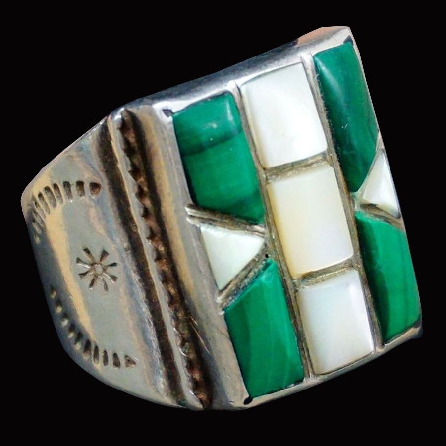 Bague Navajo Rectangulaire Channel Inlay, Turquoise et Nacre