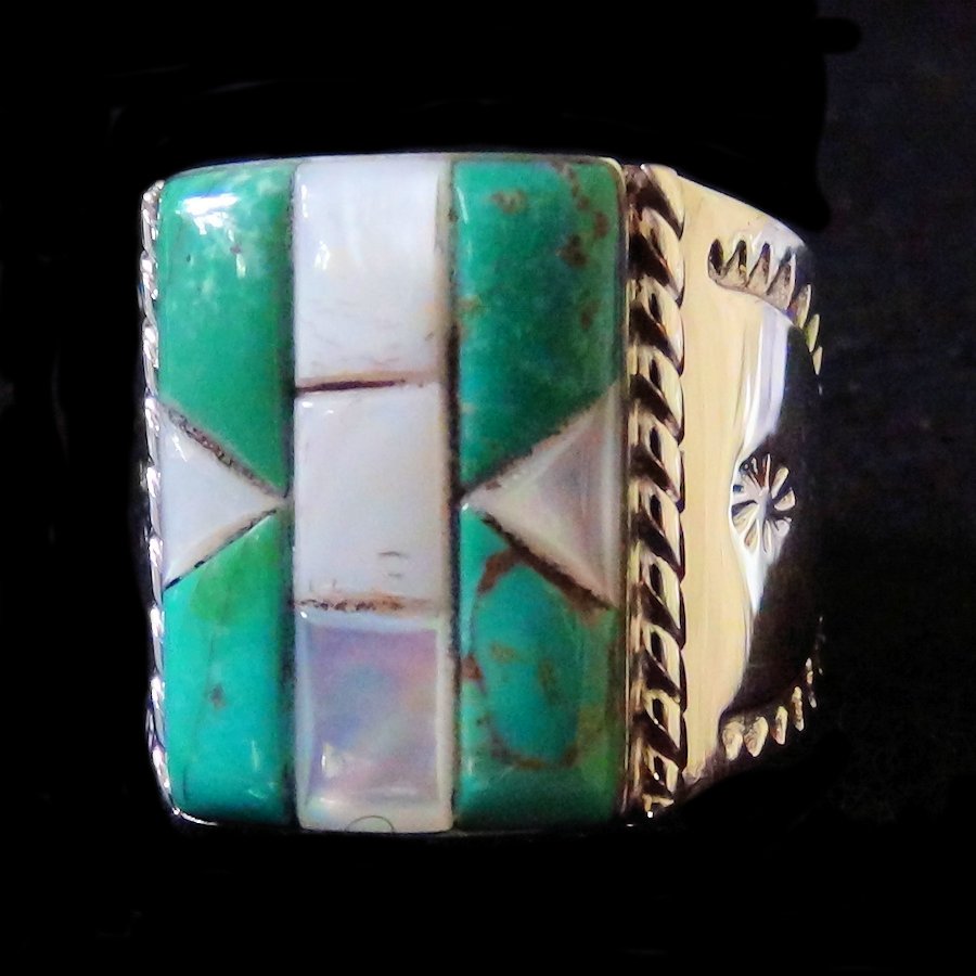 Bague Navajo Rectangulaire Channel Inlay, Turquoise et Nacre