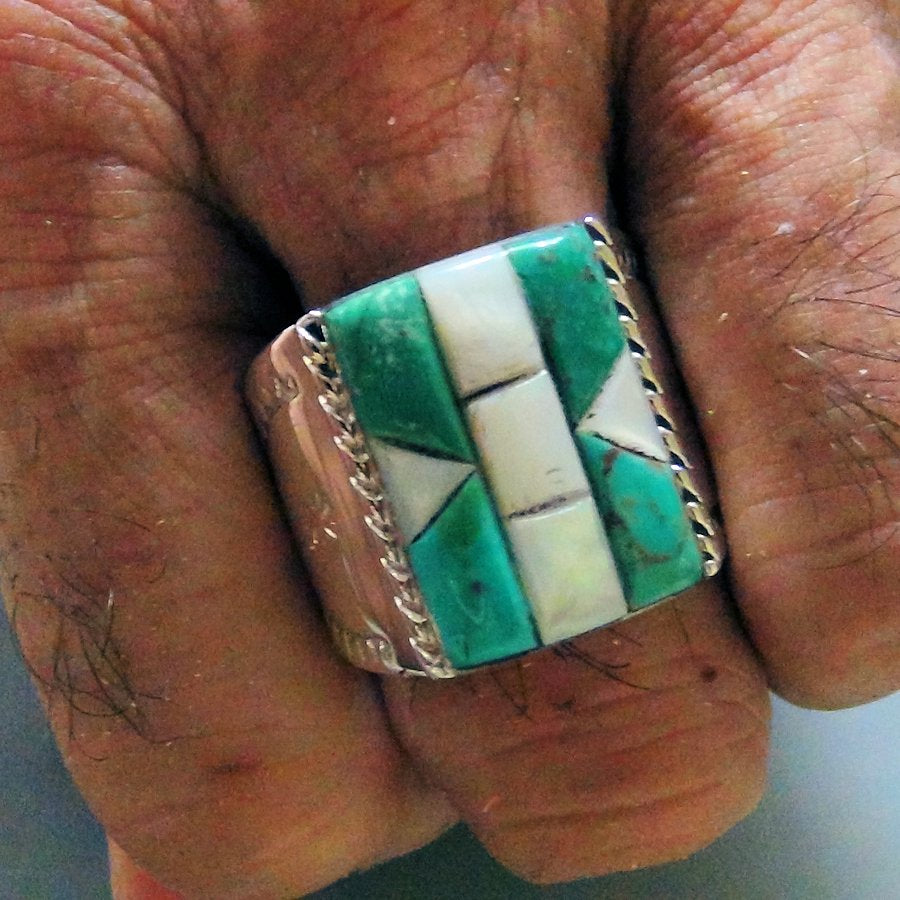 Bague Navajo Rectangulaire Channel Inlay, Turquoise et Nacre