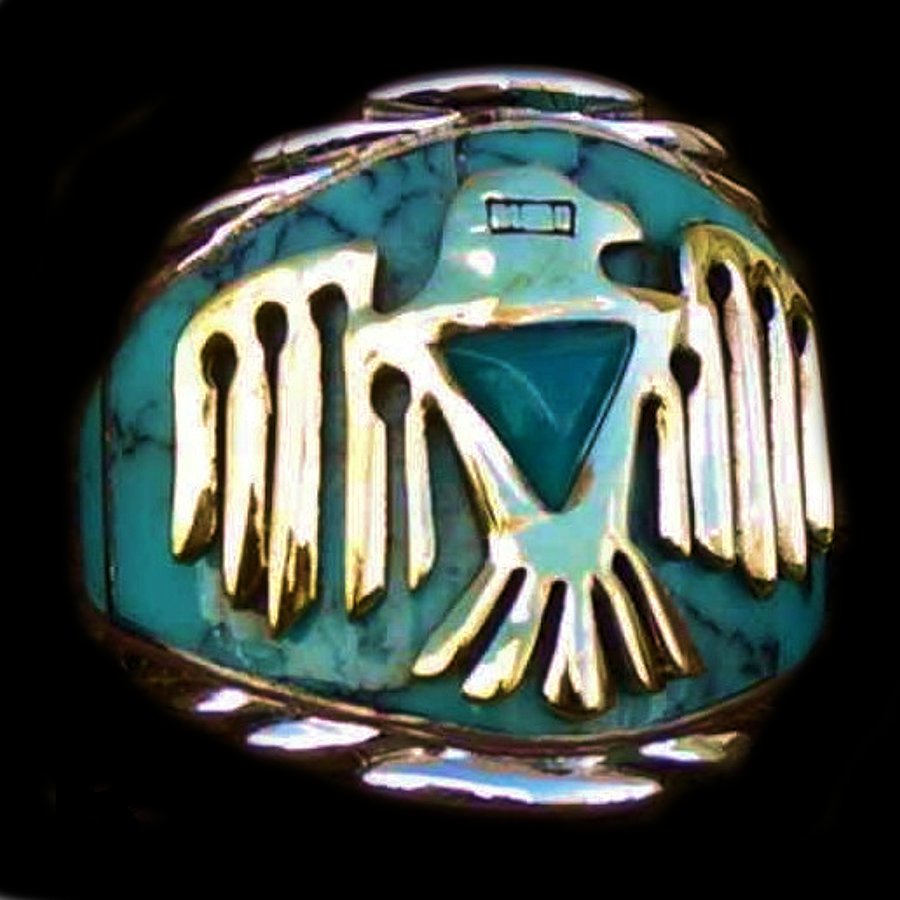 Bague Amérindienne, Thunderbird, Oiseau Tonerre, en Argent et Bronze