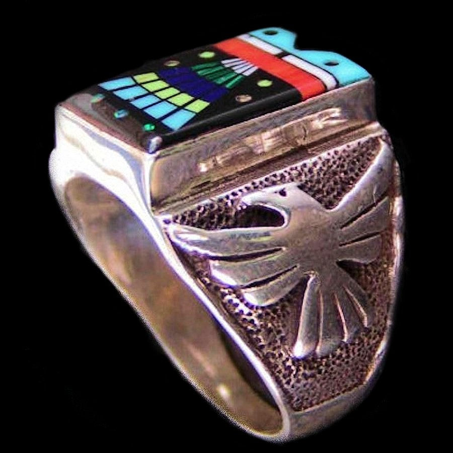 Bague Chevalière en Argent, Motif Navajo et Thunderbird Mod.1