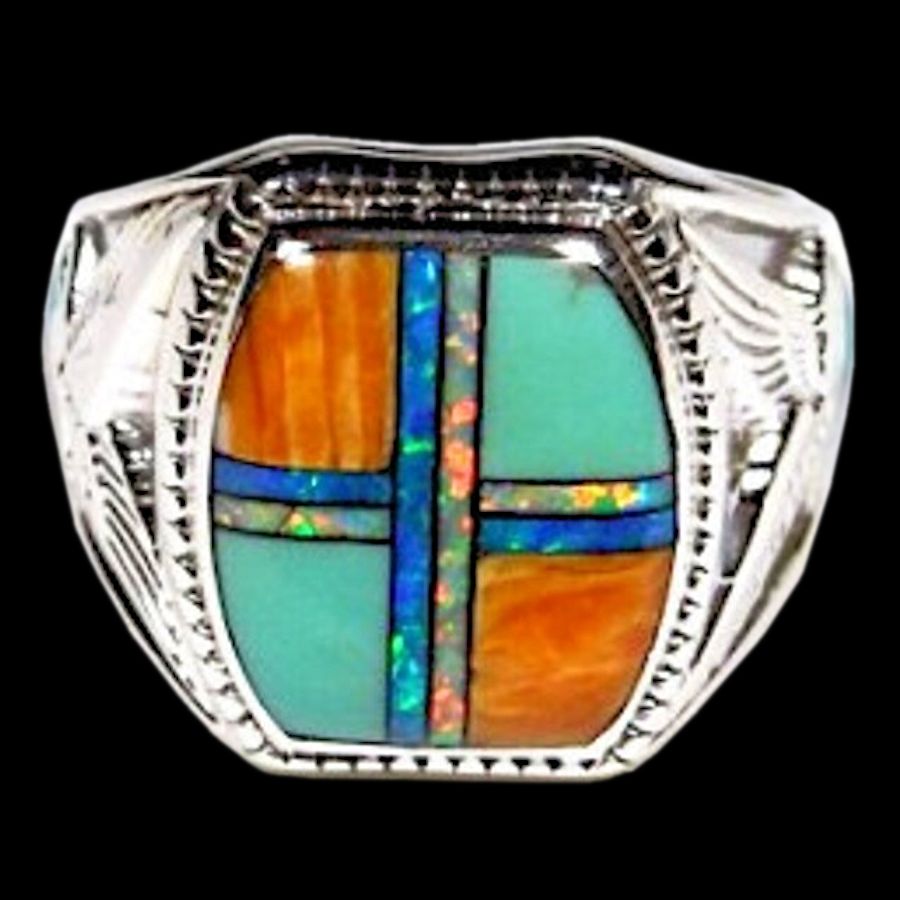 Bague Chevalière Amérindienne, Symbole Navajo, Turquoise, Spondylus et Opale