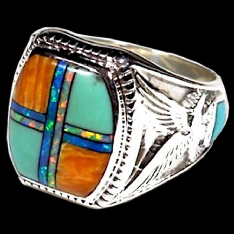 Bague Chevalière Amérindienne, Symbole Navajo, Turquoise, Spondylus et Opale