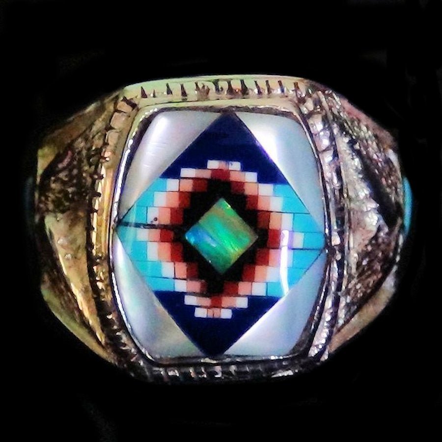 Bague Chevalière Amérindienne, Symbole Navajo, Micro Inlay