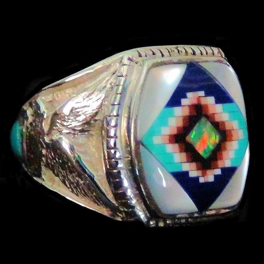 Bague Chevalière Amérindienne, Symbole Navajo, Micro Inlay