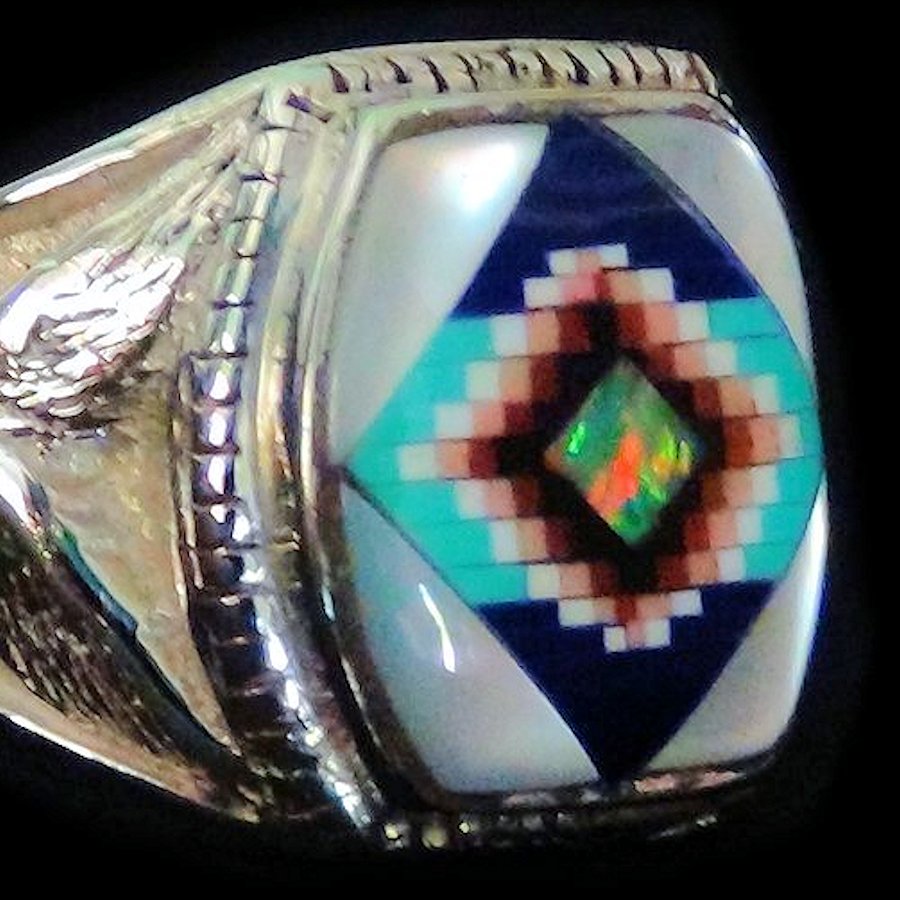 Bague Chevalière Amérindienne, Symbole Navajo, Micro Inlay
