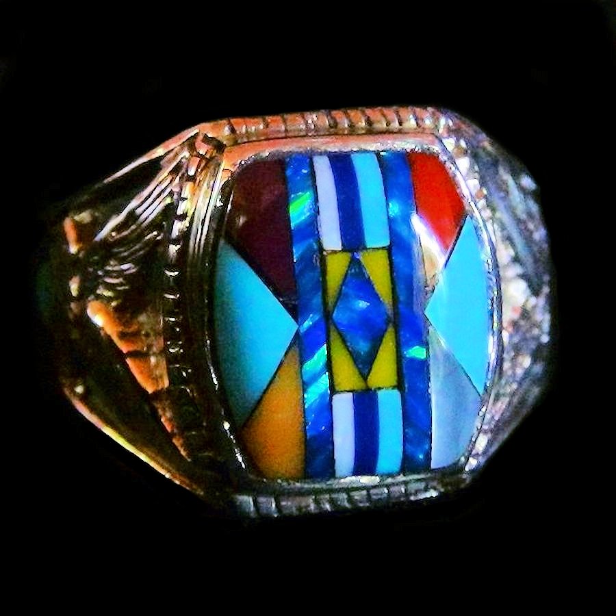 Bague Chevalière Amérindienne, Micro Inlay, Symbole Navajo