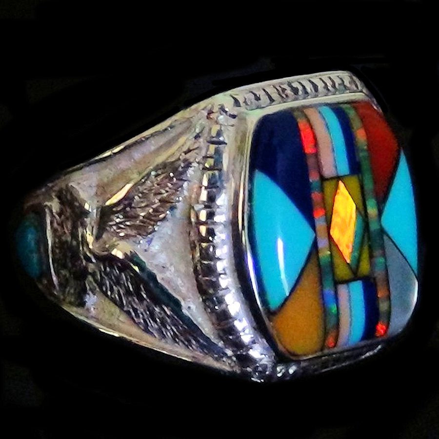 Bague Chevalière Amérindienne, Micro Inlay, Symbole Navajo
