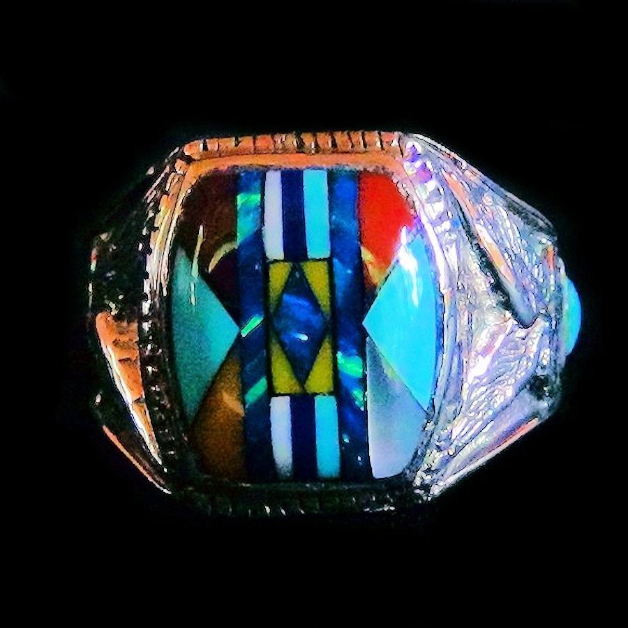 Bague Chevalière Amérindienne, Micro Inlay, Symbole Navajo