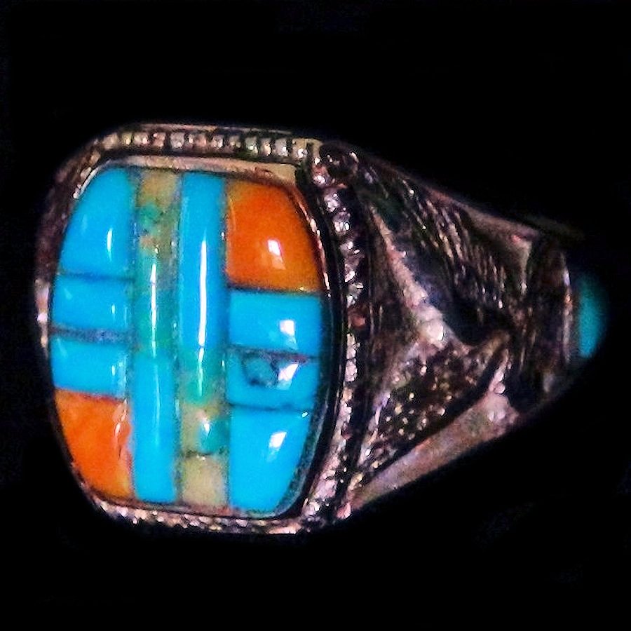 Bague Chevalière Amérindienne, Turquoise Spondylus Overlay