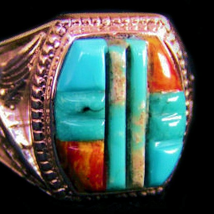 Bague Chevalière Amérindienne, Turquoise Spondylus Overlay