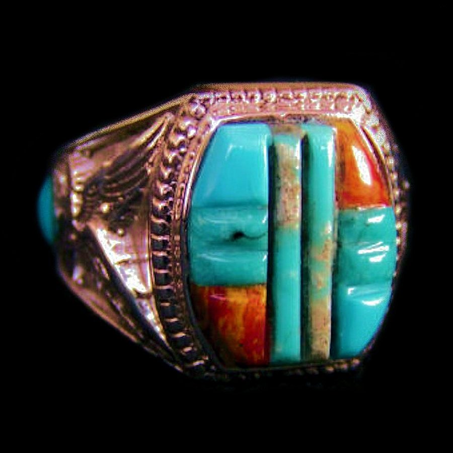 Bague Chevalière Amérindienne, Turquoise Spondylus Overlay