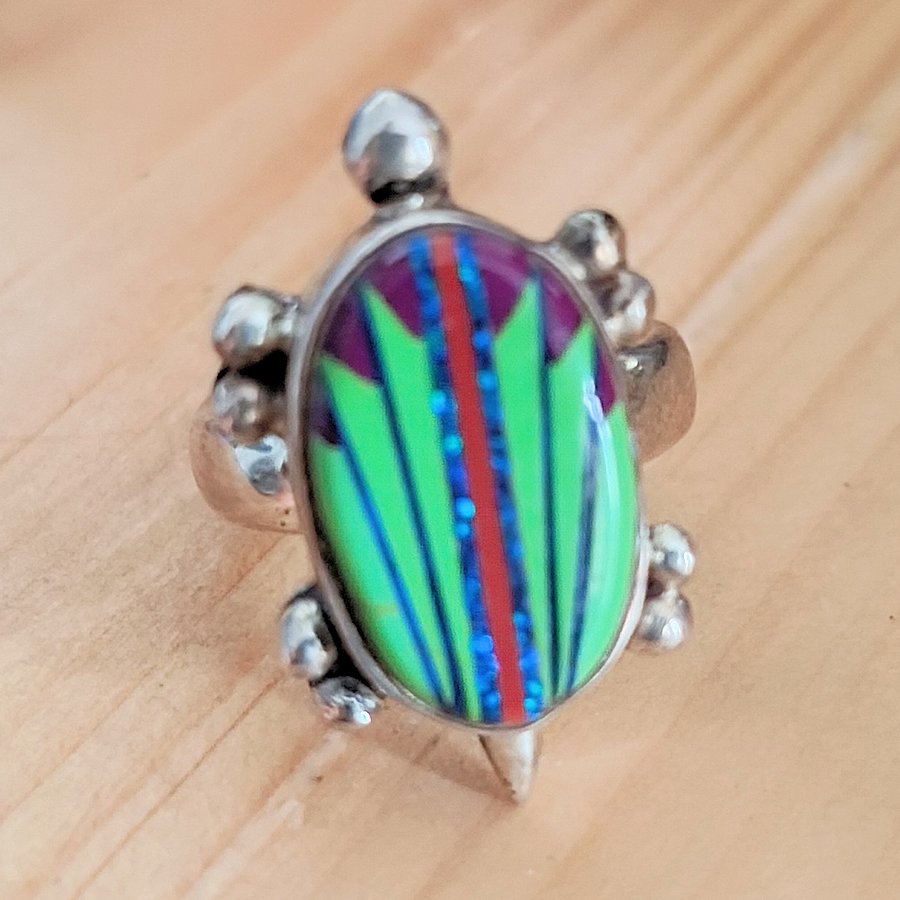Bague Amérindienne,Tortue, Opale, Gaspéite, Sugilite, Taille 8