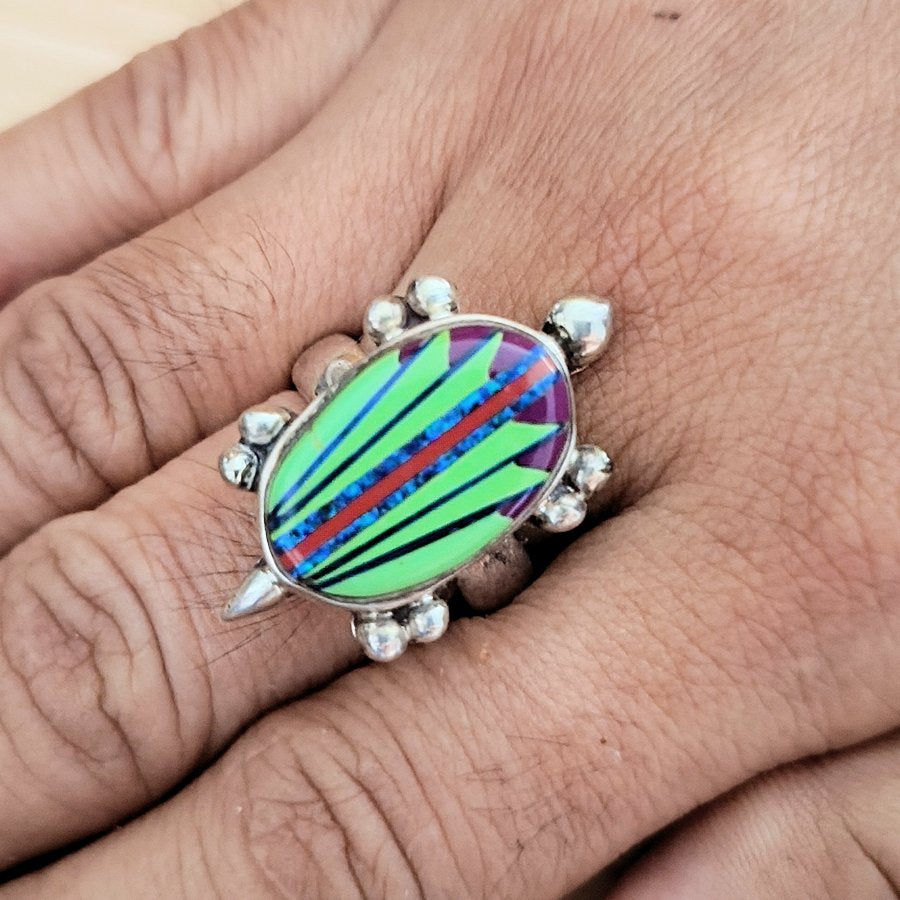 Bague Amérindienne,Tortue, Opale, Gaspéite, Sugilite, Taille 8