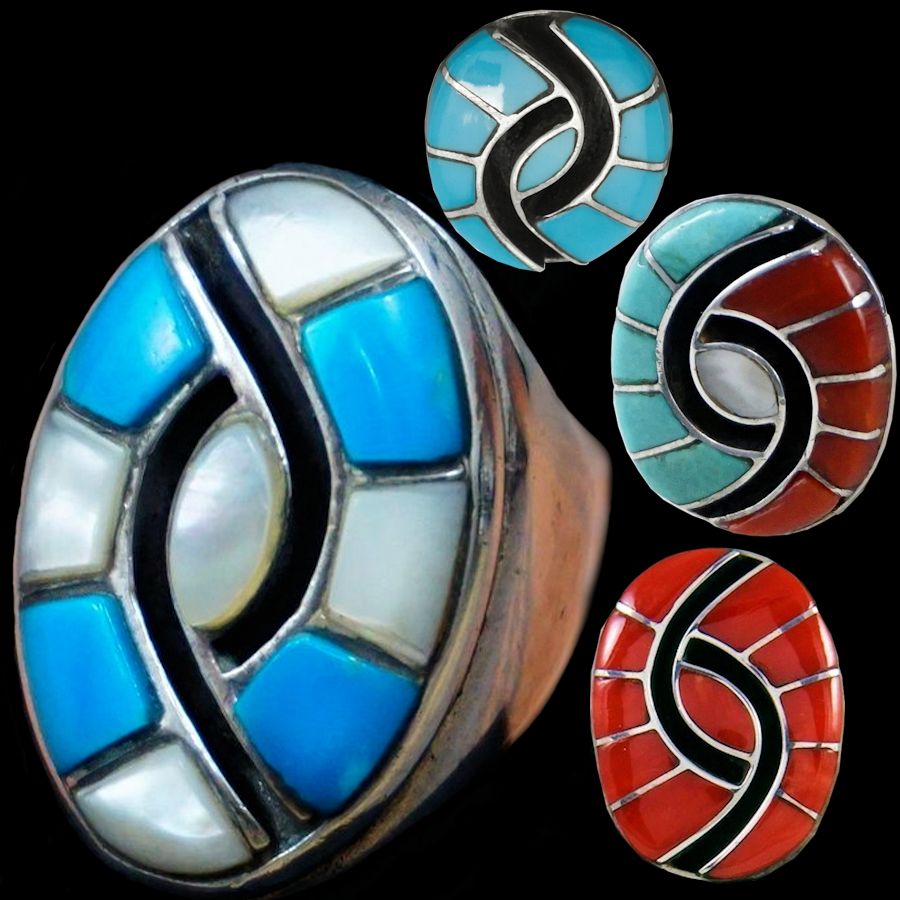 Bague Amérindienne Ovale Massive en Argent, Symbole Zuni Colibri, Couleur au Choix