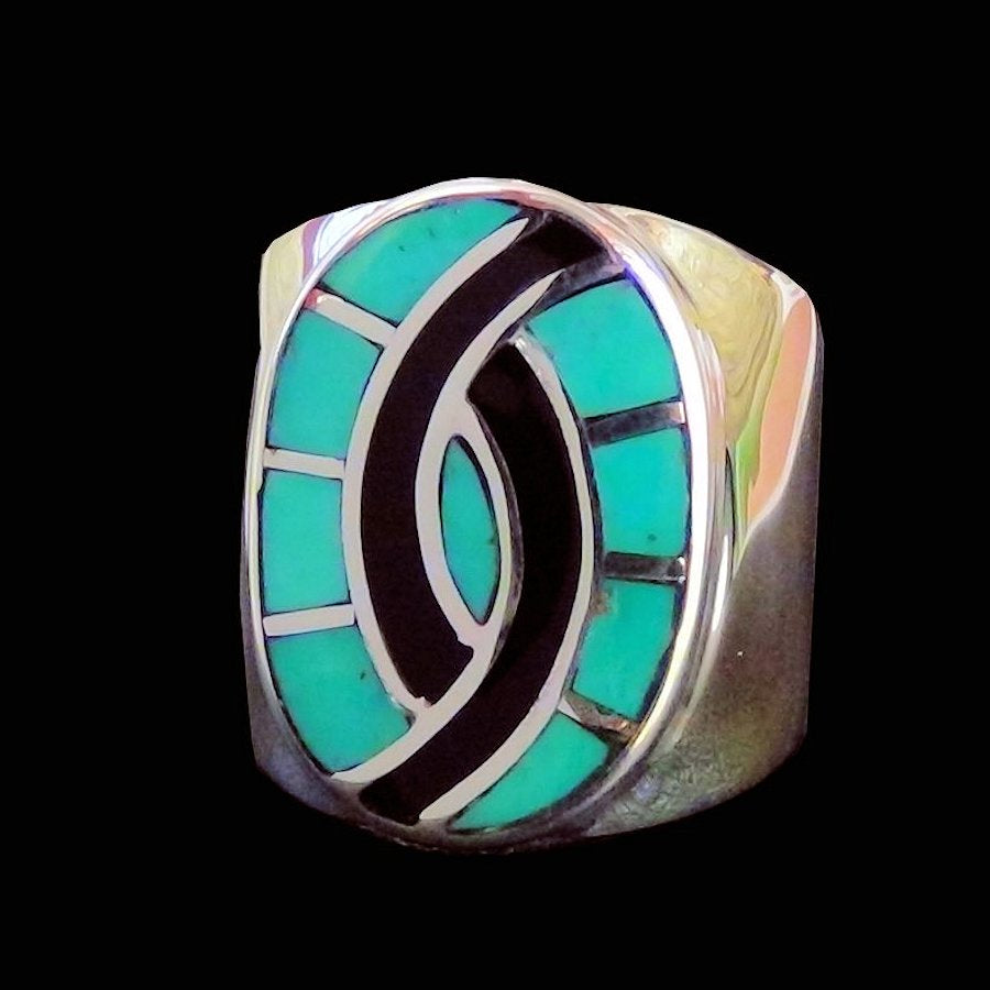 Bague Amérindienne Ovale Massive en Argent, Symbole Zuni Colibri, Couleur au Choix