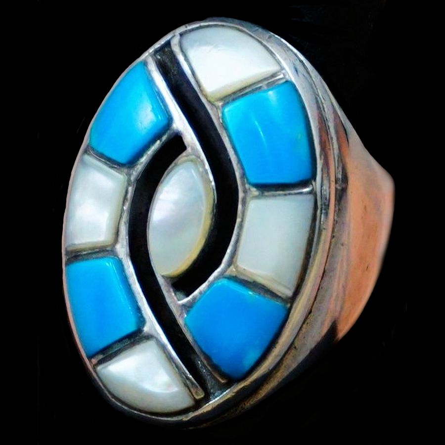 Bague Amérindienne Ovale Massive en Argent, Symbole Zuni Colibri, Couleur au Choix