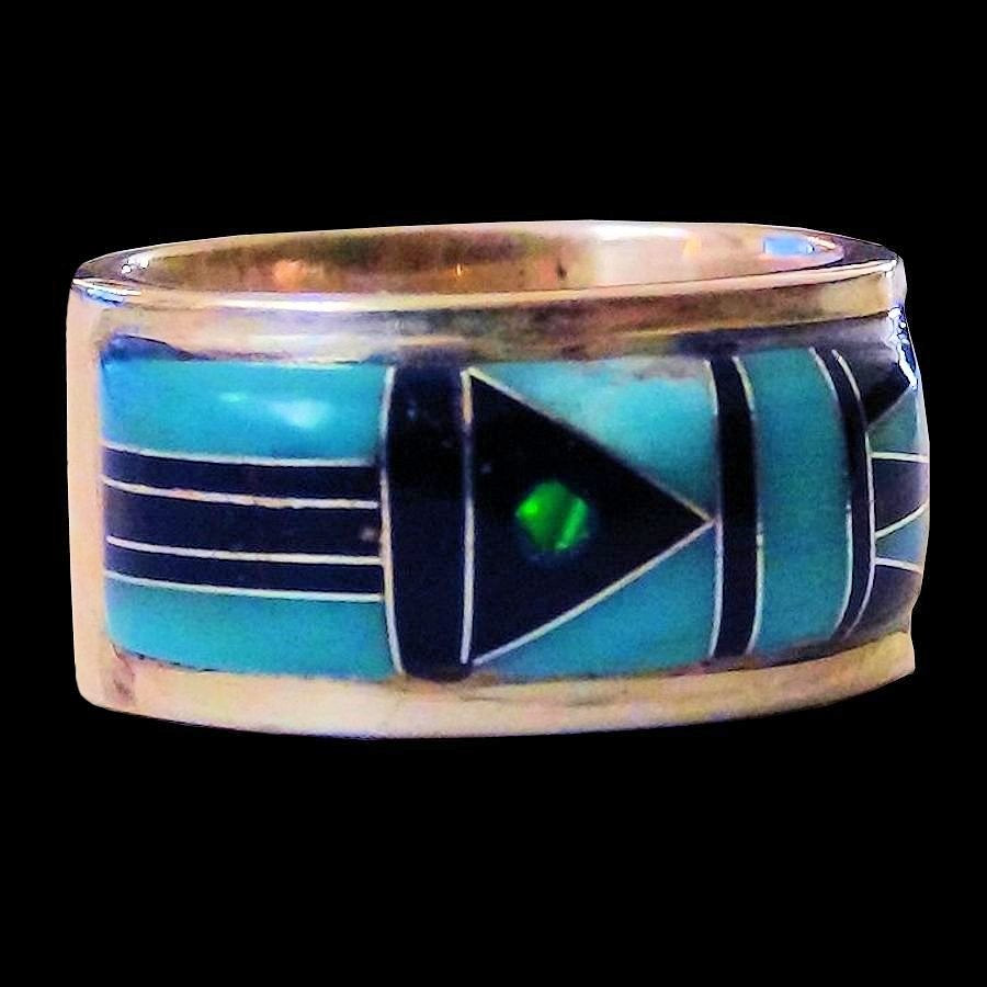 Anneau Navajo Flèche Indienne en Argent Turquoise et Opale Symbole Amerindien