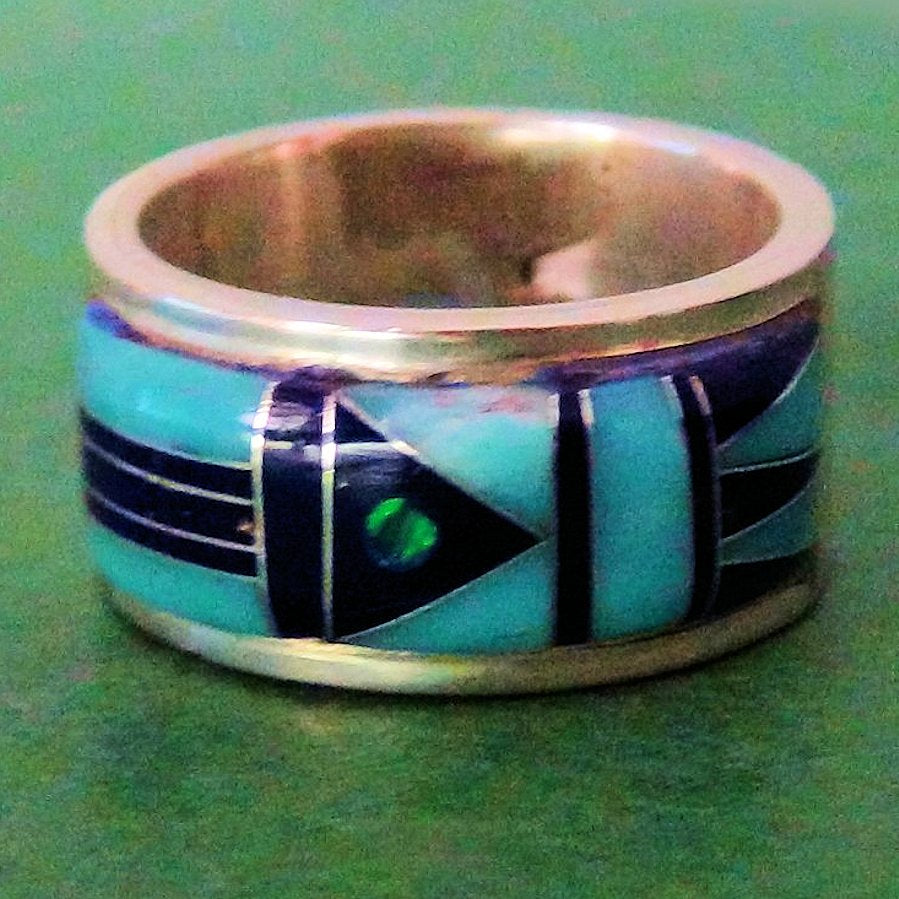 Anneau Navajo Flèche Indienne en Argent Turquoise et Opale Symbole Amerindien