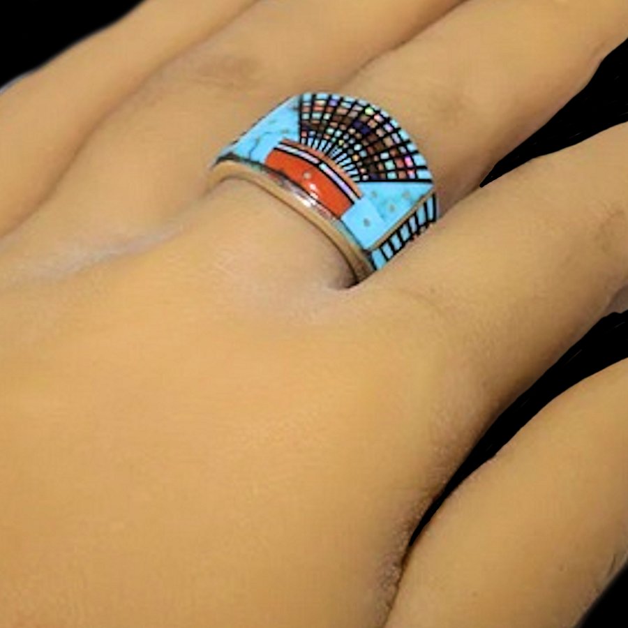 Anneau Kashina, Micro Inlay Turquoise et Corail