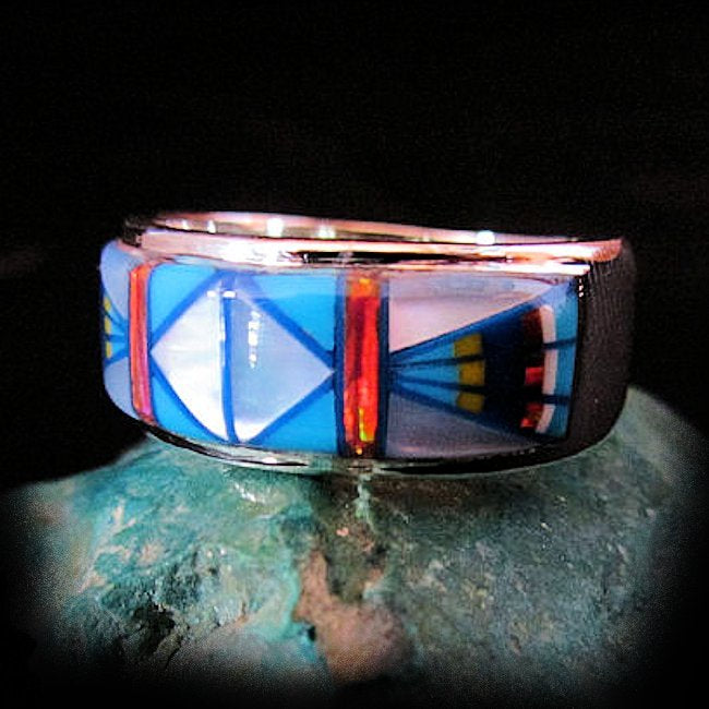 Anneau Navajo Argent, Turquoise, Nacre & Opale