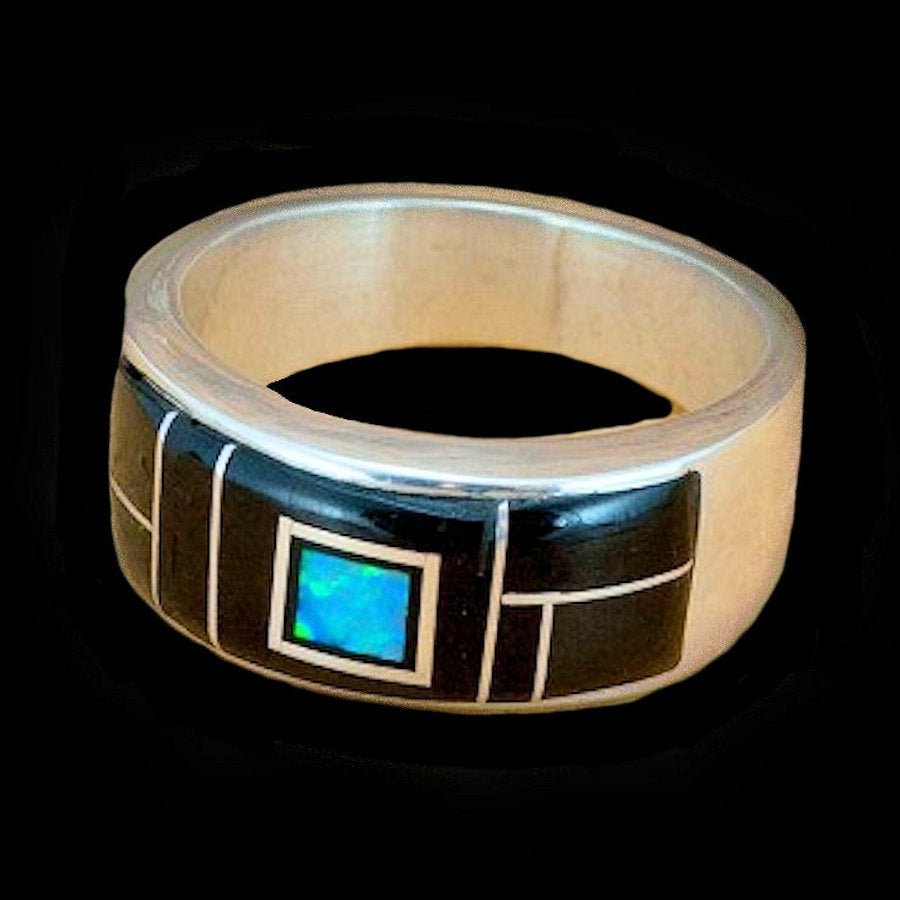 Anneau Amerindien Channel Inlay Jeais Noir et Opal