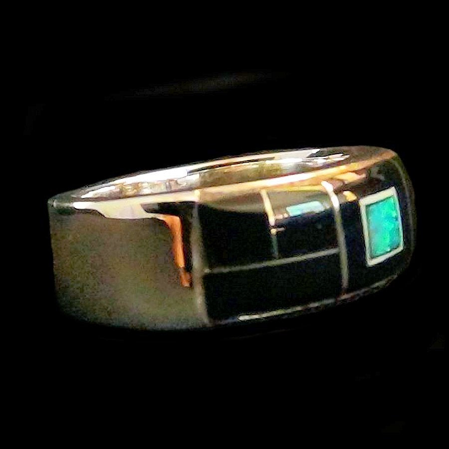 Anneau Amerindien Channel Inlay Jeais Noir et Opal